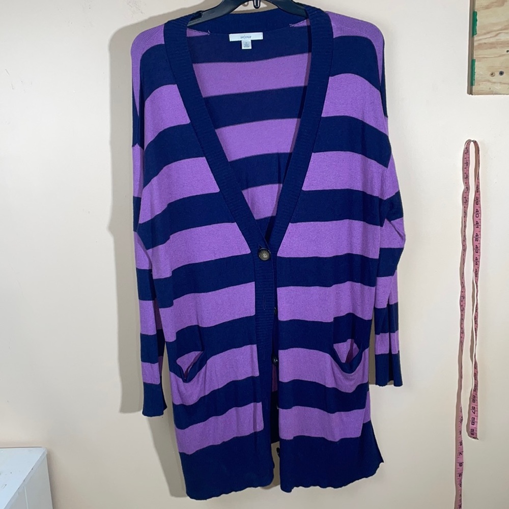 Sejour purple & navy striped button down cardigan